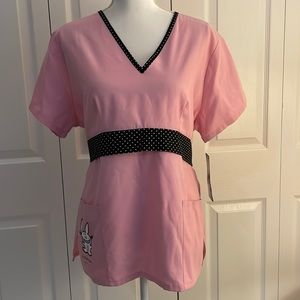 It’s Happy Bunny Women’s SZ L Pink and Black Two Pocket Scrub Top